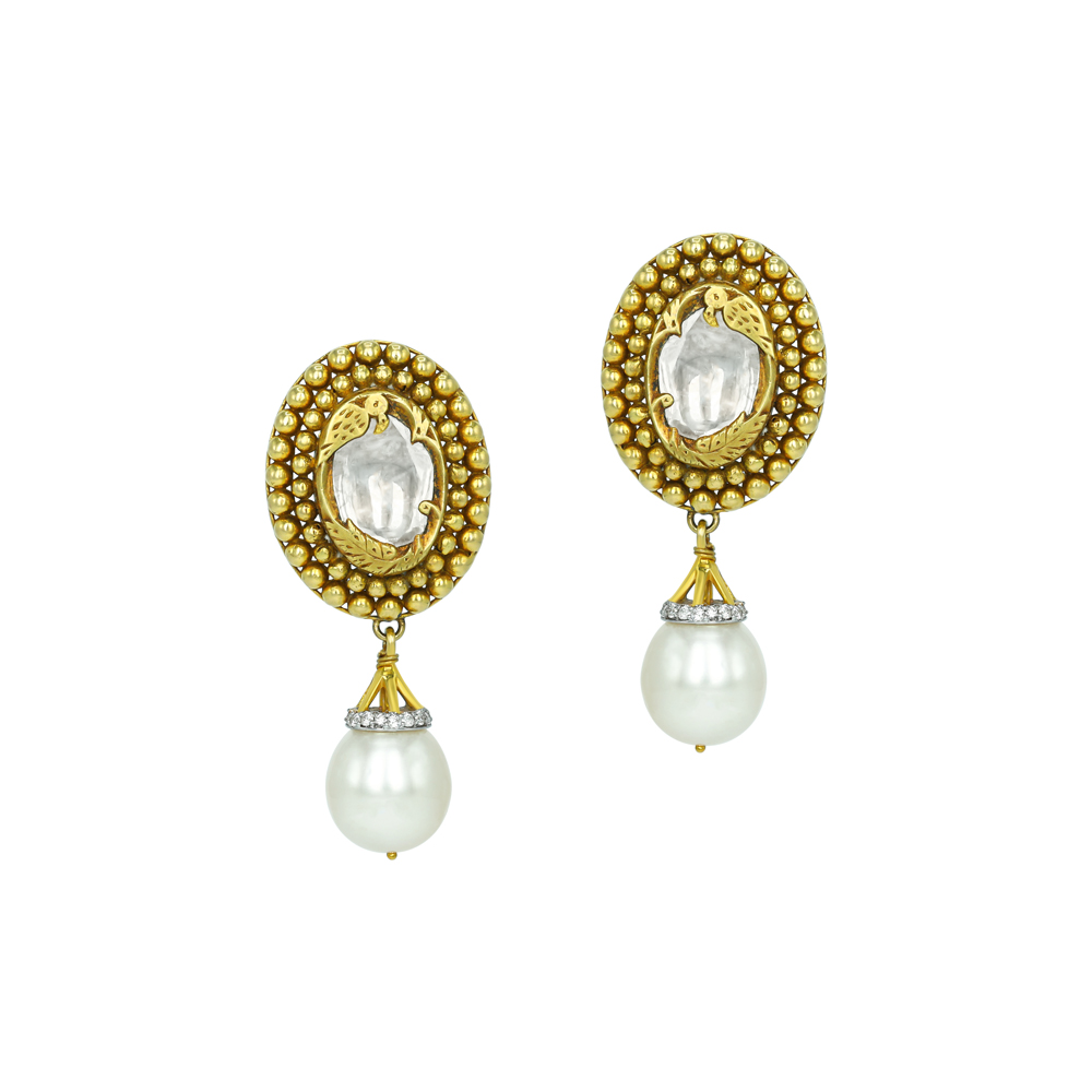 Polki Earrings with Gold Beads and Pearl Drops